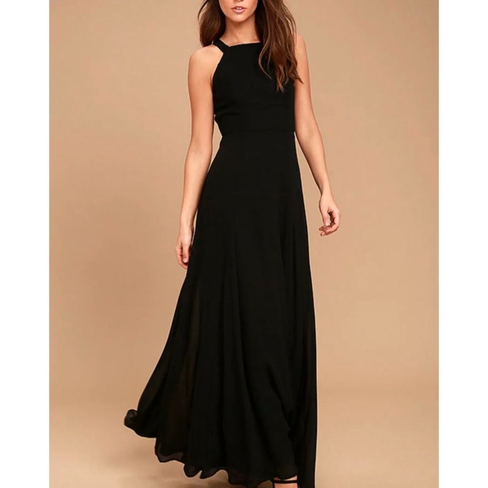 Lulus Super Starlet Black Lace Up Maxi Black Dress Sz S NWT
